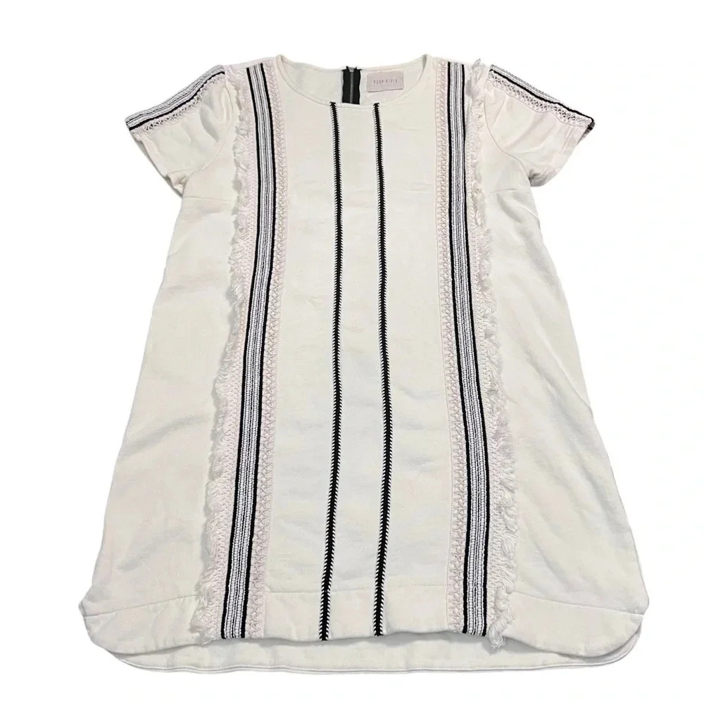 Moon River Women's Cream Fringe Embroidered Cotton Shift Dress Size Small (8)